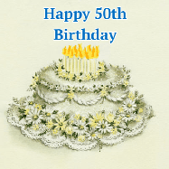 Happy Birthday Age 50 GIF, 50th Birthday GIF: A beautiful vintage birthday cake design with flickering candles atop and three lines of customized happy birthday text.