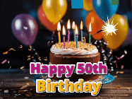 Happy Birthday Age 50 GIF, 50th Birthday GIF: A birthday cake with flickering candles gif with text reading Happy Birthday and a Name slot to customize
