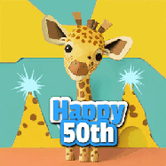 Happy Birthday Age 50 GIF, 50th Birthday GIF: Cute giraffee birthday gif depicting a paper cutout bobbing giraffe head and birthday text you can customize with sparklers.