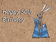Happy Birthday Age 50 GIF, 50th Birthday GIF: A cute little bunny gif with balloons rising up as it hold a gift box. Text reads Happy Birthday Name. Customize it.