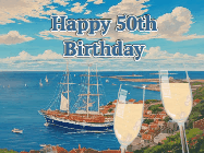 Happy Birthday Age 50 GIF, 50th Birthday GIF: Animated fireworks gif overlooking the sea with 2 glass of champagne. Text reads Happy Birthday Name. Customize Name.