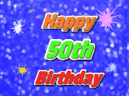 Happy Birthday Age 50 GIF, 50th Birthday GIF: A glitter birthday gif with a blue glitter background and animated text reading Happy Birthday Name