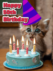Happy Birthday Age 50 GIF, 50th Birthday GIF: A cute little cat birthday gif with lighting candles with text reading Happy Birthday Name, to customize