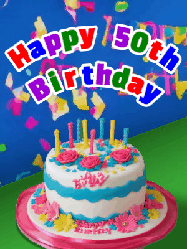 Happy Birthday Age 50 GIF, 50th Birthday GIF: A brightly colored animated birthday gif with a cake and a cute cartoon dragon flies past to light the candles. Customize banner text.