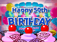 Happy Birthday Age 50 GIF, 50th Birthday GIF: Birthday animated gif with sparklers on text name you can customize. Brightly colored with a close up cake cherries.