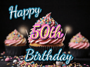 Happy Birthday Age 50 GIF, 50th Birthday GIF: A delicious cupcake gif with animated sparkles reading Happy Birthday with a name to customize
