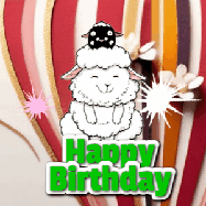 Happy Birthday Age 50 GIF, 50th Birthday GIF: A cute lamb gif with a bouncing lamb with sparklers with text flashing Happy Birthday Name that can be customized.