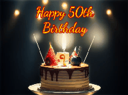 Happy Birthday Age 50 GIF, 50th Birthday GIF: Animated birthday cake gif with sparklers on a dark background. Personalize up to 3 lines of text.