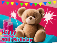 Happy Birthday Age 50 GIF, 50th Birthday GIF: A cute birthday teddy bear animated birthday gif with the bear holding sparklers and text to customize.