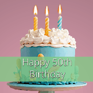 Happy Birthday Age 50 GIF, 50th Birthday GIF: Sparkles fly over a birthday cake that has 3 flickering candles, text in a colored band read Happy Birthday Name.