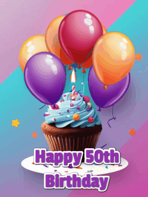 Bold animated Happy 50th Birthday GIF with large numerals and festive confetti