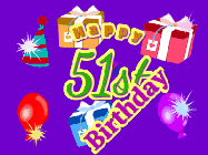 Happy Birthday Age 51 GIF, 51st Birthday GIF: Animated Birthday GIF with growing and shrinking background and sparklers and a customizable name that spins around.