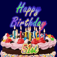 Happy Birthday Age 51 GIF, 51st Birthday GIF: A dark blue birthday gif with a beautiful cake with flickering candles, background sparkles and a name to customize.