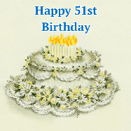 Happy Birthday Age 51 GIF, 51st Birthday GIF: A beautiful vintage birthday cake design with flickering candles atop and three lines of customized happy birthday text.