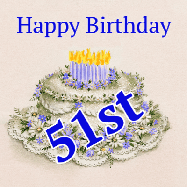 Happy Birthday Age 51 GIF, 51st Birthday GIF: A beautiful animated birthday gif with a vintage style cake drawing and animated candle flames. Customize the name and text.
