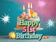 Happy Birthday Age 51 GIF, 51st Birthday GIF: A colorful animated Happy Birthday Cake GIF with swirling sparkles and flickering candles. It reads Happy Birthday Name
