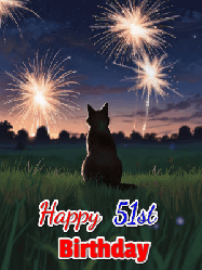 Happy Birthday Age 51 GIF, 51st Birthday GIF: An animated gif at night showing the backside of a sitting cat who watches sparkle and fireworks over a meadow. Customize name and happy birthday.