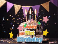 Happy Birthday Age 51 GIF, 51st Birthday GIF: Happy birthday cake animated gif with flickering candles, animated text, and falling confetti. Customize text reading Happy Birthday Customize.