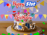 Happy Birthday Age 51 GIF, 51st Birthday GIF: Happy Birthday Cake GIF with a cat, lamb, and squirrel on the cake with flickering candles, a sparkler, and falling confetti. Reads Happy Birthday Name and you can customize the name