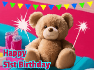 Happy Birthday Age 51 GIF, 51st Birthday GIF: A cute birthday teddy bear animated birthday gif with the bear holding sparklers and text to customize.