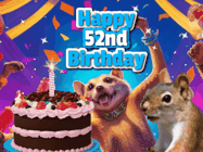 Happy Birthday Age 52 GIF, 52nd Birthday GIF: A silly animated birthday gif, a chipmunk lights bady cake sparkler with laser beam eyes and starts a bright glitter party.