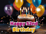 Happy Birthday Age 52 GIF, 52nd Birthday GIF: A birthday cake with flickering candles gif with text reading Happy Birthday and a Name slot to customize