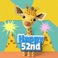 Happy Birthday Age 52 GIF, 52nd Birthday GIF: Cute giraffee birthday gif depicting a paper cutout bobbing giraffe head and birthday text you can customize with sparklers.