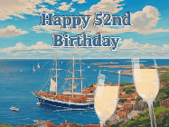 Happy Birthday Age 52 GIF, 52nd Birthday GIF: Animated fireworks gif overlooking the sea with 2 glass of champagne. Text reads Happy Birthday Name. Customize Name.