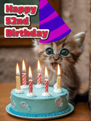 Happy Birthday Age 52 GIF, 52nd Birthday GIF: A cute little cat birthday gif with lighting candles with text reading Happy Birthday Name, to customize