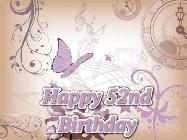 Happy Birthday Age 52 GIF, 52nd Birthday GIF: Classical birthday gif background with colorful musical notes floating past and a name you can customize, reads Happy Birthday.