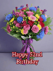 Happy Birthday Age 52 GIF, 52nd Birthday GIF: A beautiful animated birthday gif with a bouquet of flowers and animated hearts reading Happy Birthday Customize