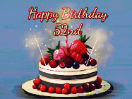Happy Birthday Age 52 GIF, 52nd Birthday GIF: Animated GIF of a birthday cake covered in berries with 2 sparklers and a candle, reads Happy Birthday Name. Customize it.