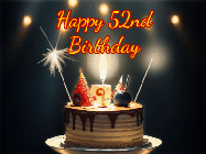 Happy Birthday Age 52 GIF, 52nd Birthday GIF: Animated birthday cake gif with sparklers on a dark background. Personalize up to 3 lines of text.