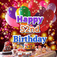 Happy Birthday Age 52 GIF, 52nd Birthday GIF: Animated happy birthday gif on a bright red glittery background and 3 lines of text reading Happy Birthday Customize