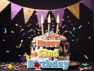 Happy Birthday Age 52 GIF, 52nd Birthday GIF: Happy birthday cake animated gif with flickering candles, animated text, and falling confetti. Customize text reading Happy Birthday Customize.