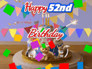 Happy Birthday Age 52 GIF, 52nd Birthday GIF: Happy Birthday Cake GIF with a cat, lamb, and squirrel on the cake with flickering candles, a sparkler, and falling confetti. Reads Happy Birthday Name and you can customize the name