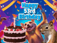 Happy Birthday Age 53 GIF, 53rd Birthday GIF: A silly animated birthday gif, a chipmunk lights bady cake sparkler with laser beam eyes and starts a bright glitter party.