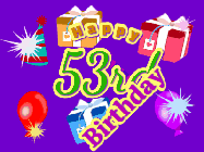 Happy Birthday Age 53 GIF, 53rd Birthday GIF: Animated Birthday GIF with growing and shrinking background and sparklers and a customizable name that spins around.