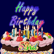 Happy Birthday Age 53 GIF, 53rd Birthday GIF: A dark blue birthday gif with a beautiful cake with flickering candles, background sparkles and a name to customize.