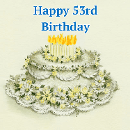 Happy Birthday Age 53 GIF, 53rd Birthday GIF: A beautiful vintage birthday cake design with flickering candles atop and three lines of customized happy birthday text.