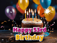 Happy Birthday Age 53 GIF, 53rd Birthday GIF: A birthday cake with flickering candles gif with text reading Happy Birthday and a Name slot to customize