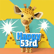 Happy Birthday Age 53 GIF, 53rd Birthday GIF: Cute giraffee birthday gif depicting a paper cutout bobbing giraffe head and birthday text you can customize with sparklers.