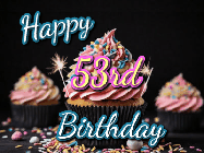 Happy Birthday Age 53 GIF, 53rd Birthday GIF: A delicious cupcake gif with animated sparkles reading Happy Birthday with a name to customize