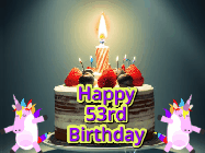 Happy Birthday Age 53 GIF, 53rd Birthday GIF: An animated gif with 2 unicorns and a birthday candle on a cake.