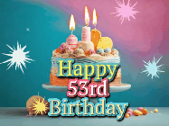 Happy Birthday Age 53 GIF, 53rd Birthday GIF: A colorful animated Happy Birthday Cake GIF with swirling sparkles and flickering candles. It reads Happy Birthday Name