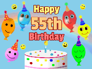 Happy Birthday Age 55 GIF, 55th Birthday GIF: Look at these cute balloons! Floating above a birthday cake. Animated happy faces too. Happy Birthday GIF. Customize. 