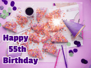 Happy Birthday Age 55 GIF, 55th Birthday GIF: A big paper sparkle highlights this animated birthday gif showing a birthday cake place setting with decorations.