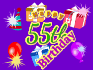 Happy Birthday Age 55 GIF, 55th Birthday GIF: Animated Birthday GIF with growing and shrinking background and sparklers and a customizable name that spins around.
