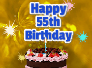 Happy Birthday Age 55 GIF, 55th Birthday GIF: A glitter and sparkle happy birthday gif with swelling sparkles, a birthday cake, and 3 lines of text to customize