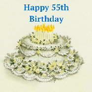Happy Birthday Age 55 GIF, 55th Birthday GIF: A beautiful vintage birthday cake design with flickering candles atop and three lines of customized happy birthday text.